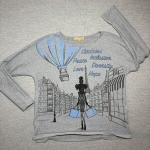 Mesh+Lace Women Top Large Gray Paris Graphic Rhinestone Kindness Peace Love Hope